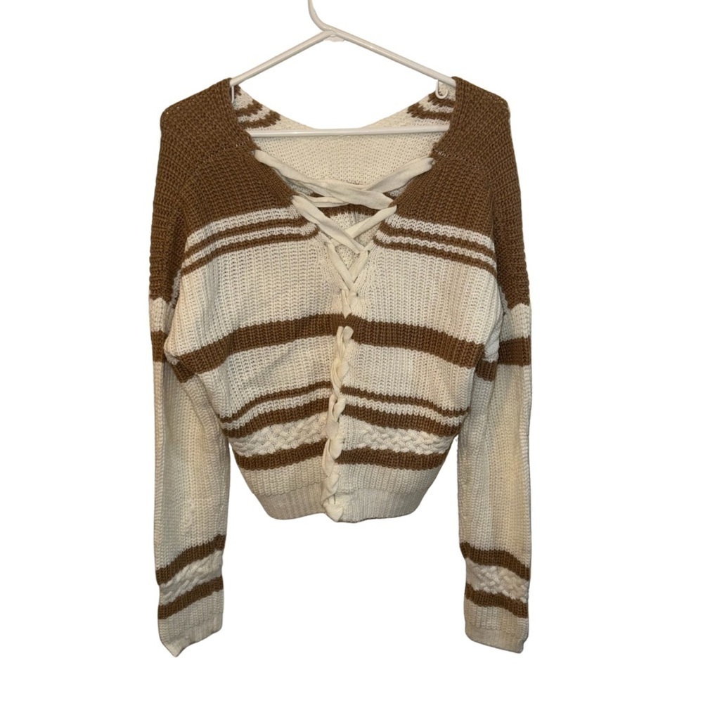 Derek Heart V-Neck Sweater Brown and Cream Striped Cropped